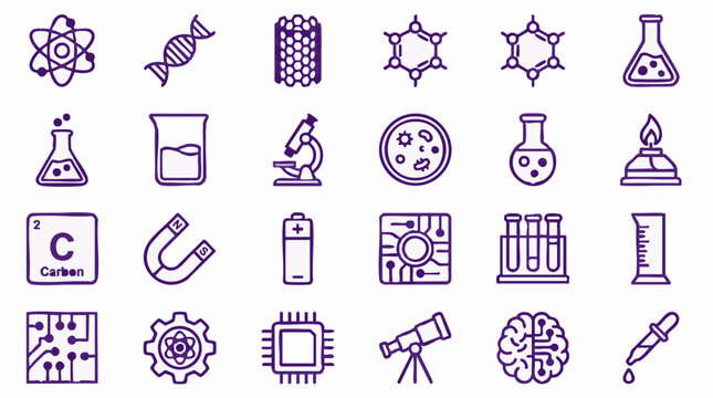 Vector Line Icons Set for Science, Chemistry, Biology, and Technology Research