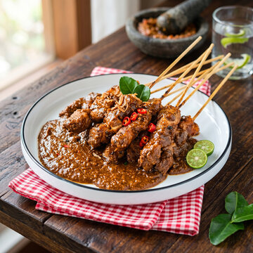 Indonesian Traditional Sate Ayam Chicken Satay with Peanut Sauce in White Plate, Three Quarter View of Asian Skewered Meat with Sliced Chili, Lime and Red Checkered Napkin on Wooden Table