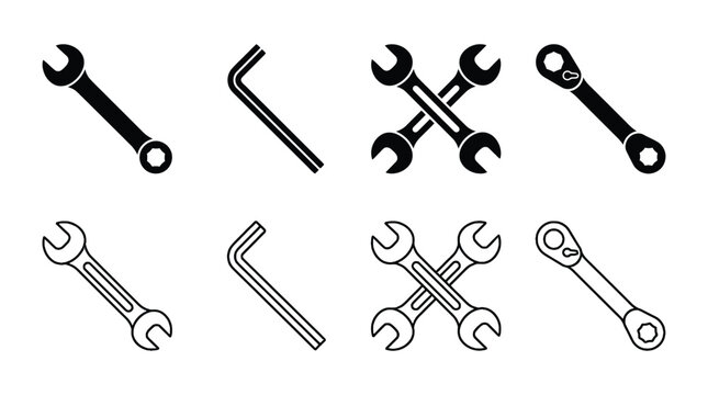 Wrench And Allen Key Icons Black And White Line Art Set