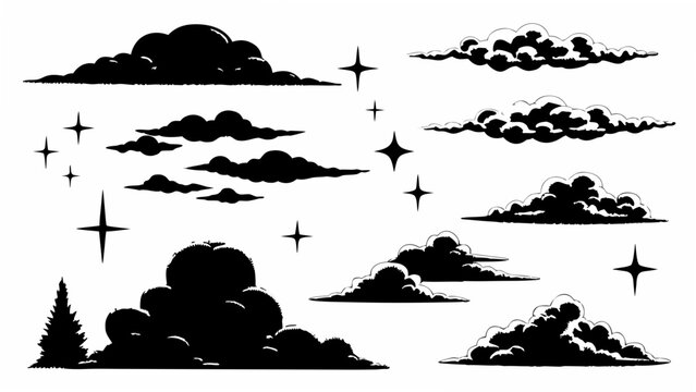 Black cloud silhouettes and starbursts on a white background a collection of weather shapes atmospheric