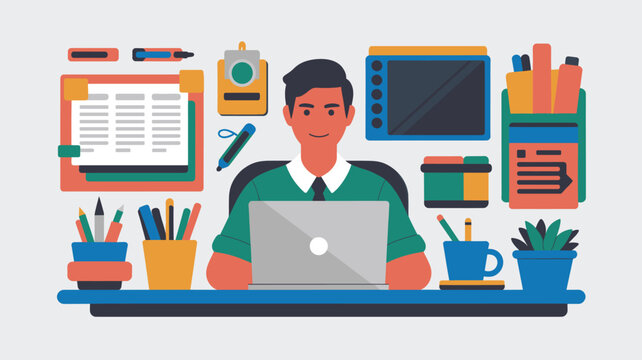 Flat Vector Illustration of Male Designer Working at Desk with Laptop and Office Supplies