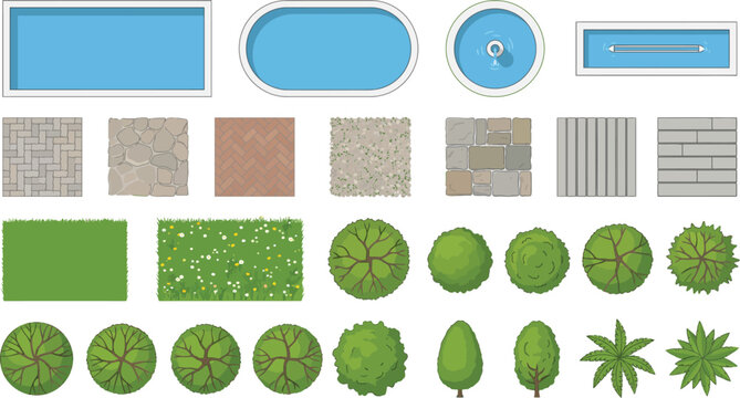 Landscape cad site plan vector set, top view pools, paving textures and vegetation symbols for garden design and architectural masterplan layouts