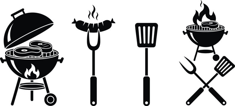 Black bbq grill icons with utensils