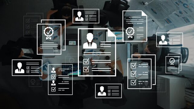 Abstract Composition of Job Applications and Resumes Overlaid on a Desk with Laptops and Office Environment for Business Recruiting and Hiring Concepts. Entropy.