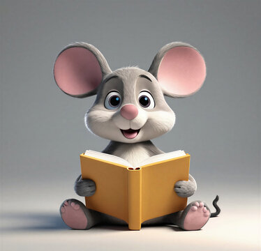 Cartoon maus reading a book on isolated background