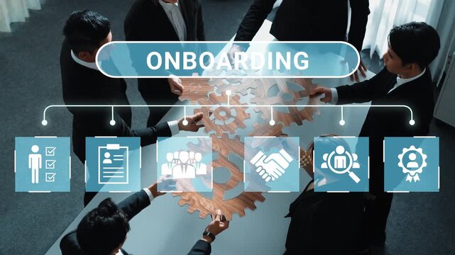 Collaborative Teamwork in the Workplace with Onboarding Process, Engagement and Human Resources Concepts in Modern Office Environment Gluon.