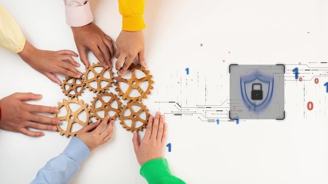 Diverse individuals unite hands on gears, representing collaboration in technology. A digital lock illustrates the importance of cybersecurity in the modern world. Raster