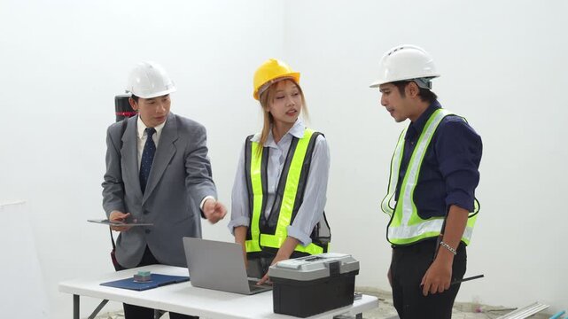 Professional construction team and building inspector looking laptop. They are having a project meeting and discussing blueprints inside an empty room of a modern building structure under development.