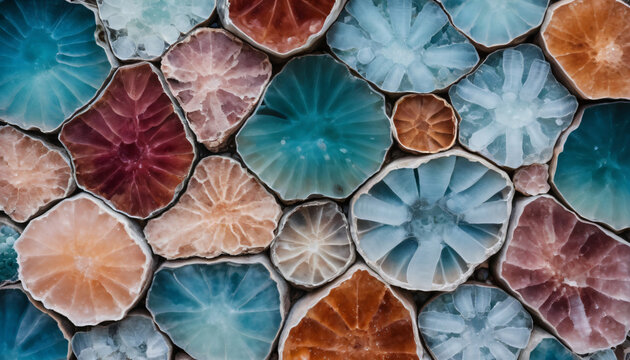 Full frame texture of natural colorful crystal geode sections resembling cells