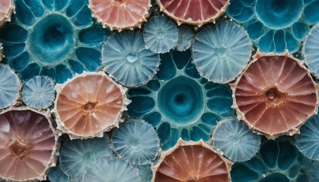 Geometric pattern of blue and terracotta agate geode slices matrix