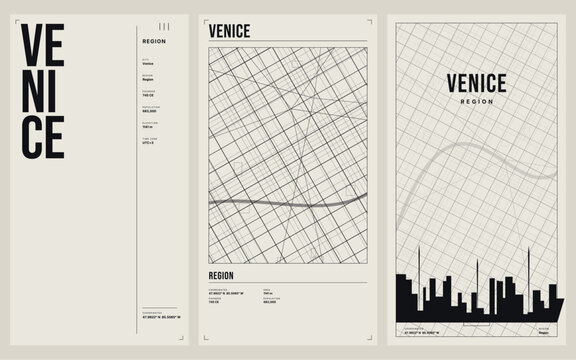 Minimalist poster set of venice region with abstract city map, skyline silhouette, and geographical data, modern graphic design for travel, urban planning, or interior wall art decor