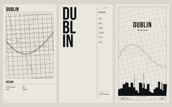 Set of three modern minimalist posters featuring abstract map designs of dublin, ireland, with geometric street grids, skyline silhouettes, and typographic city information layouts