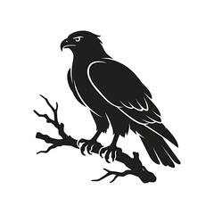 Fototapeta premium Black Hawk Perched on Bare Tree Branch Silhouette Against White Background