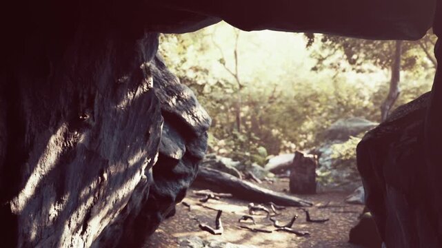 Light shines through the entrance of a cave, revealing a forest scene. Rocks and branches are scattered on the ground. The area is green and filled with trees.