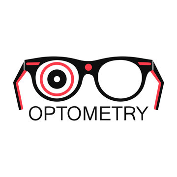 Optometry Logo with Target Eye Symbol: A stylized eyeglasses logo with a target graphic on one lens, symbolizing vision and eye care, accompanied by the word Optometry.