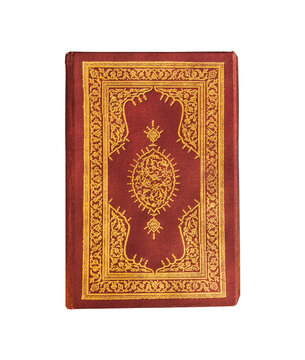 Holy Quran with red cover and golden ornament isolated PNG on transparent background, sacred Islamic religious book for faith and spirituality concepts