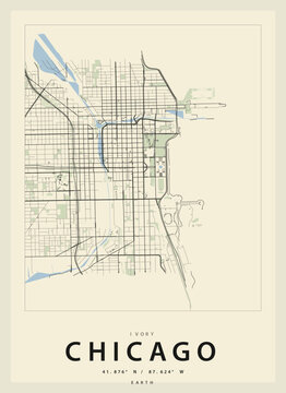 Minimalist map of chicago, illinois, featuring a stylized street grid, the chicago river, and lake michigan shoreline in a vintage ivory and green color palette