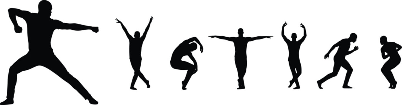 Male dancer silhouettes vector set featuring dynamic movement dancing poses martial arts and expressive action figures on white background