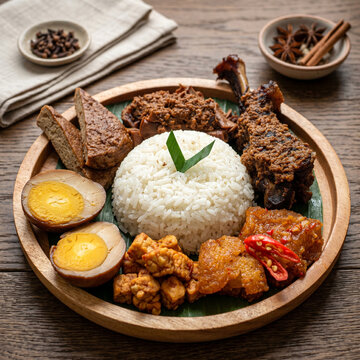 Indonesian Traditional Nasi Gudeg Jogja Served on Wooden Plate with Banana Leaf, Javanese Jackfruit Stew with Chicken, Pindang Egg, Tempeh Bacem and Sambal Goreng Krecek, Food Photography
