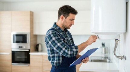 Obraz premium Professional plumber inspecting water heater in a modern kitchen