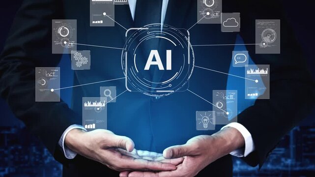 Businessman Holding Artificial Intelligence Concept with Data Symbols and Graphics in Modern Digital Environment. Entropy.