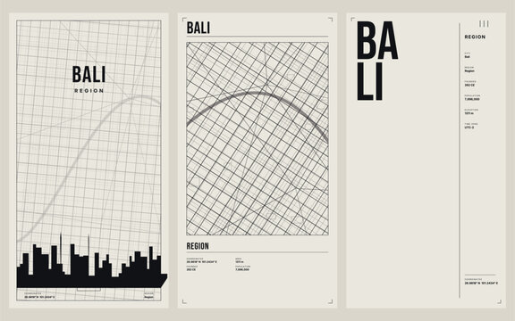 Minimalist bali region map poster set, modern urban city street grid layout with skyline silhouette, abstract geometric cartography design, vector illustration