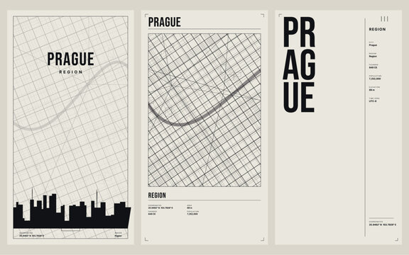 Minimalist prague city map poster set, modern urban street grid design with skyline silhouette, abstract geometric layout, stylish architectural wall art print, vector illustration