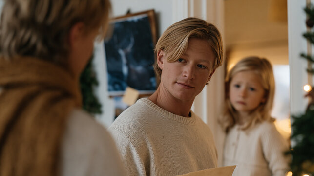 Stepparent attempting to hang a family photo on wall during holiday decorating, biological child watching with uncertain expression from doorway, blended family tension, holiday