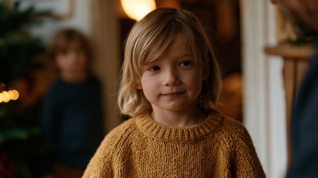 Stepparent attempting to hang a family photo on wall during holiday decorating, biological child watching with uncertain expression from doorway, blended family tension, holiday