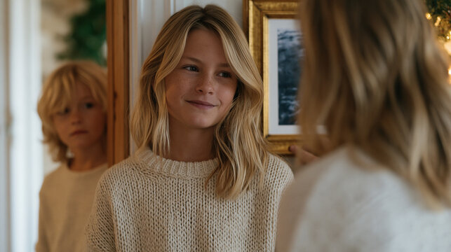 Stepparent attempting to hang a family photo on wall during holiday decorating, biological child watching with uncertain expression from doorway, blended family tension, holiday