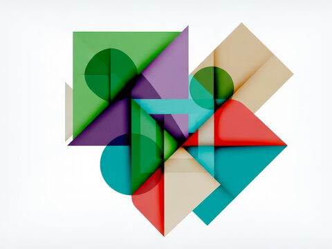 Abstract geometric composition featuring overlapping colorful shapes including circles, squares, and triangles in green, purple, red, and beige tones
