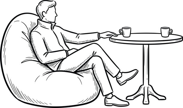 Man sitting on bean bag chair at a cafe table with two coffee cups sketch vector illustration