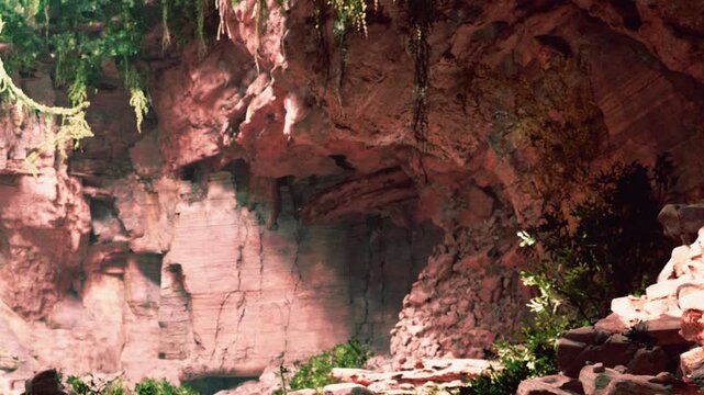 A group of explorers walks into a large cave. The cave has red rock walls and green plants growing around the entrance. Light shines into the cave from the outside.