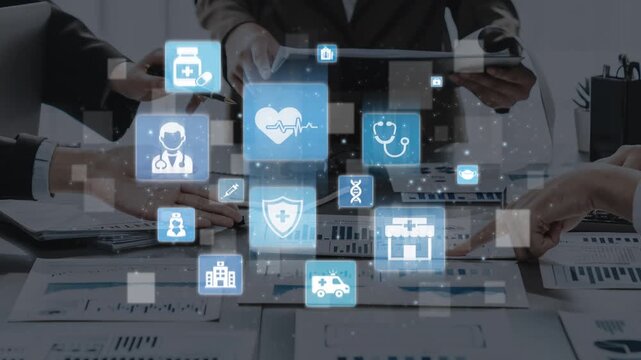 Healthcare icons show medical service, healthcare support, and patient treatment. Healthcare ensures medical service quality, health care access, and reliable medical care. Funnel