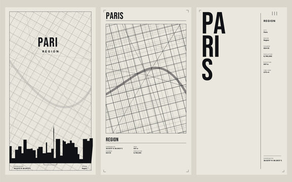 Set of three modern minimalist posters of paris, featuring abstract city map grids, skyline silhouettes, and typographic design elements in a clean, contemporary aesthetic