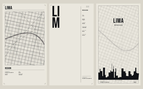 Minimalist city map poster design of lima, peru, featuring geometric street grids, skyline silhouettes, and typographic information panels in a modern, clean aesthetic style