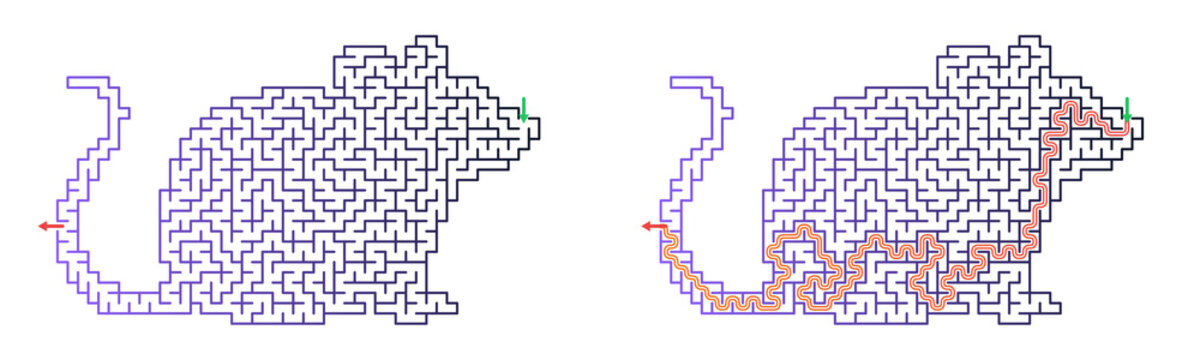 Rat shape Pet maze game for kids featuring solved path and empty worksheet for activity book.