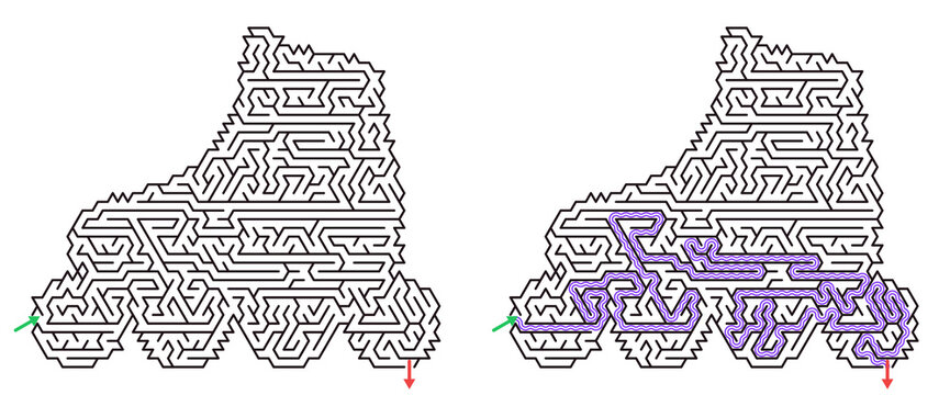 Roller skate silhouette Youth Day maze for kids featuring color solution and empty preschool task.