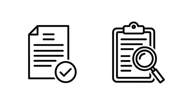 Document review and search verification process icons with document verification clipboard magnifying analysis research management business information processing isolated