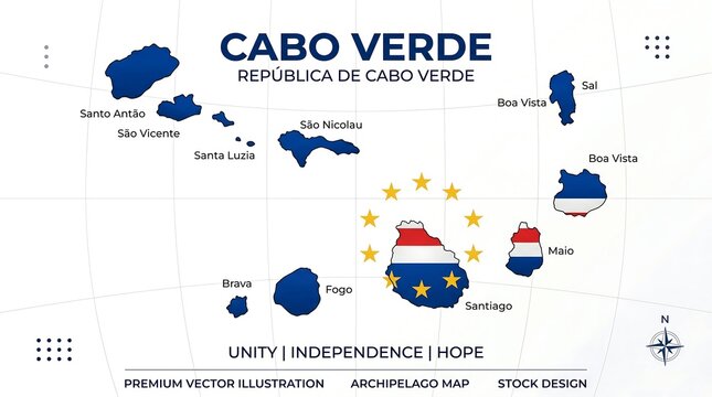 Cabo verde republic map with islands and flag, vector illustration isolated on white background