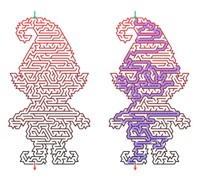 Elf silhouette New Year maze puzzle with answers and uncompleted version for children workbook.