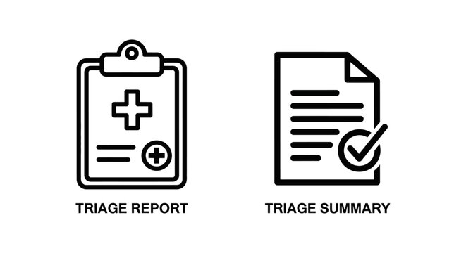 Black outline medical triage report and summary document icons with checkmarks document healthcare clipboard checkmark hospital clinical analysis verified approved management