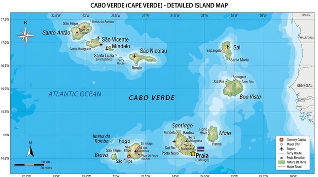 Cabo verde cape verde detailed island map with major cities and landmarks
