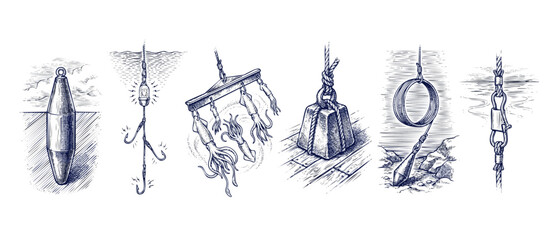 Vintage fishing gear nautical illustrations showing maritime equipment like anchors, hooks, squid jigs, and buoys in a detailed hand drawn engraving style for marine history and design layouts. © Dinali