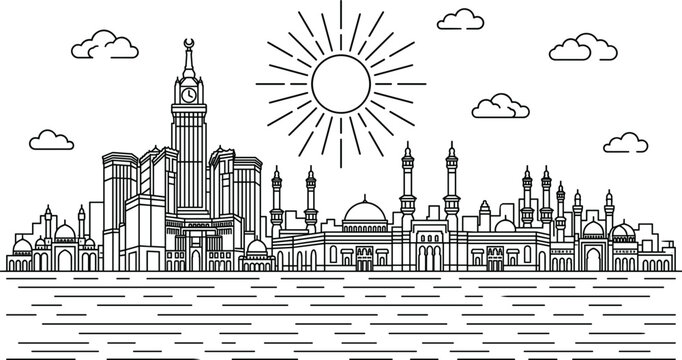 Mecca city skyline panorama with clock tower and grand mosque under a big shining sun vector illustration