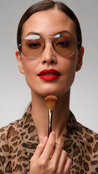 Stylish woman in aviator glasses and red lipstick holding a makeup brush, wearing a leopard print blouse.