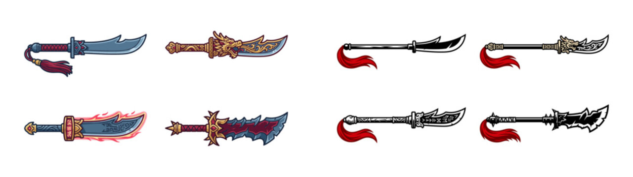 Set of guandao weapon icons featuring traditional dragon fantasy and flaming blades in color and line art styles