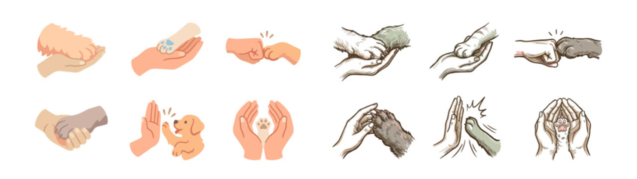 Set of human hands and animal paws interacting in flat color and vintage sketch styles showing friendship and care