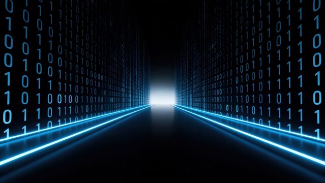 Digital binary code corridor with glowing lines