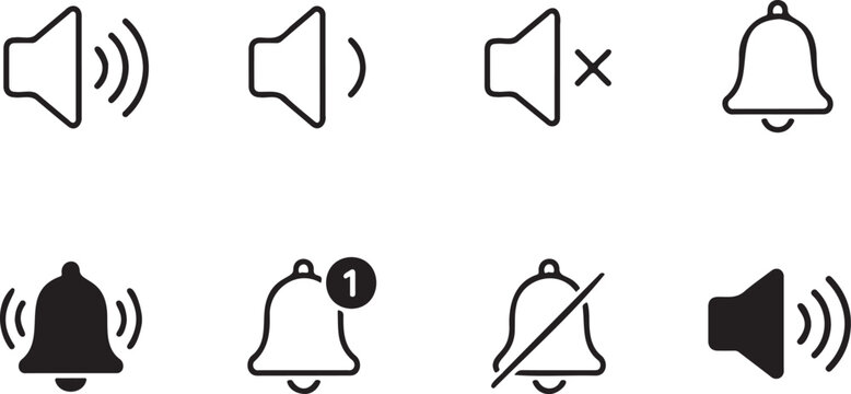line icon set of audio and sound control symbols style, volume adjustment icons with editable outline strokes, multimedia controls collection in minimal vector format